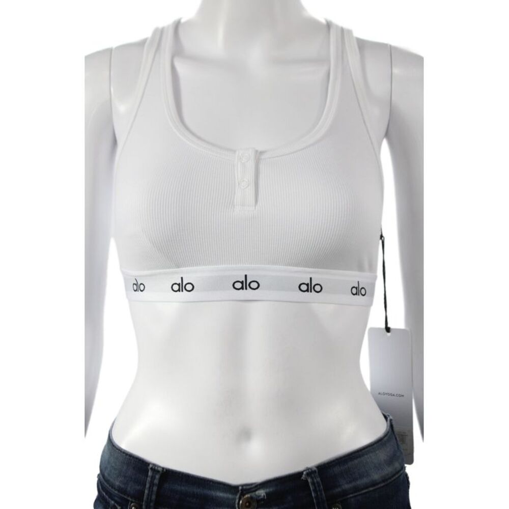 Alo Yoga Womens Ribbed Logo Band Sports Bra White Size S
